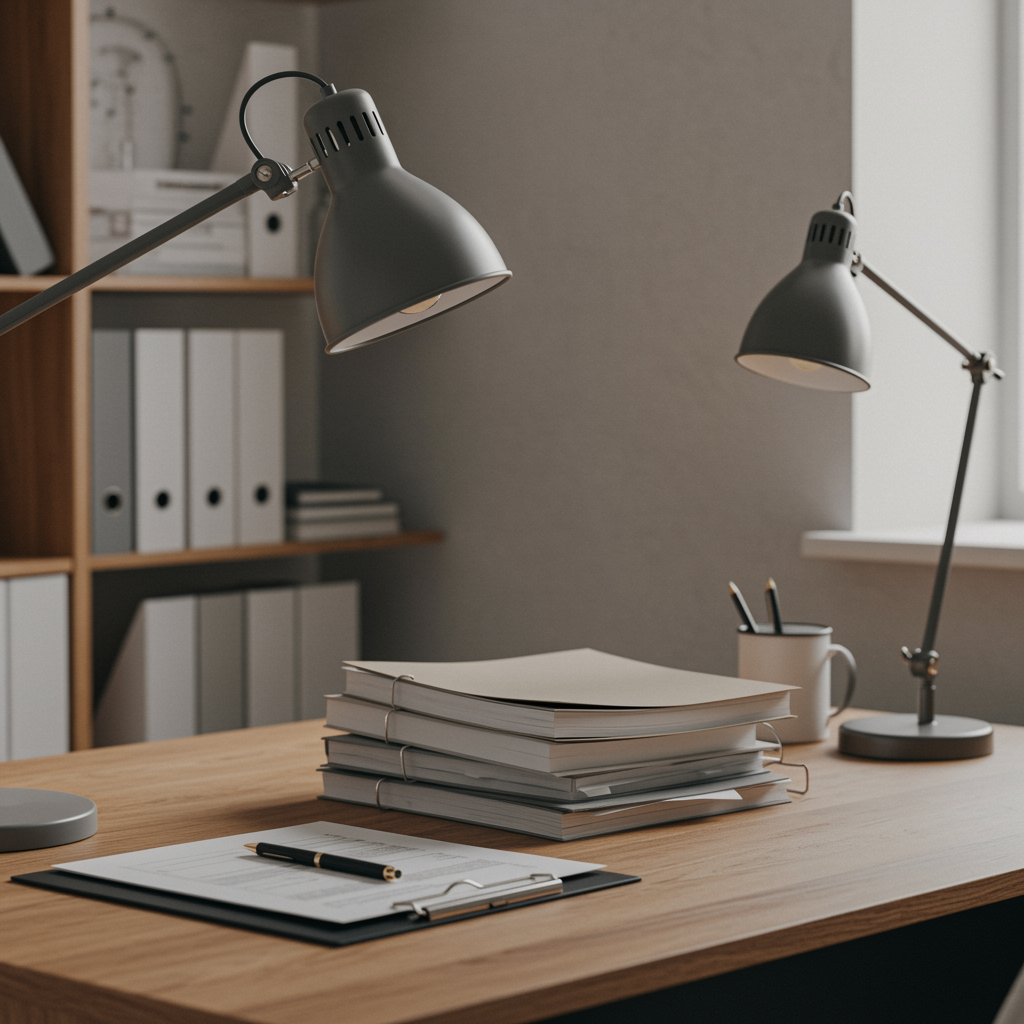 Organized accounting office with modern desk and accounting ledgers for professional bookkeeping services