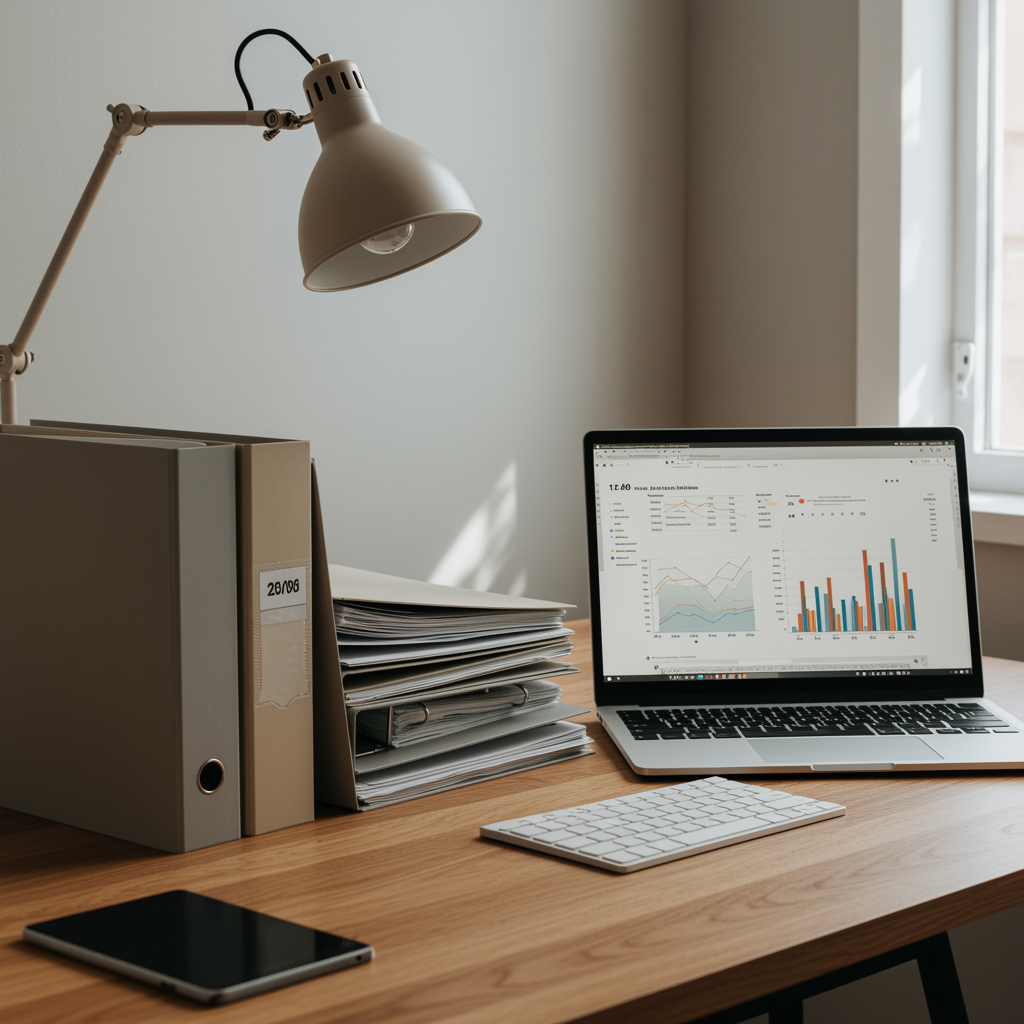Modern accounting office with clean desk, organized tax folders, and a computer displaying financial documents for business tax preparation