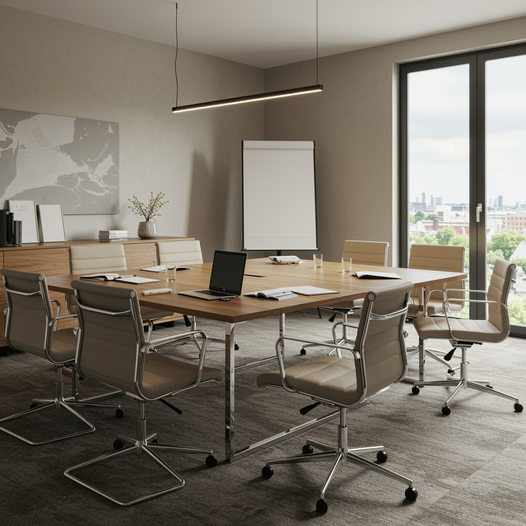 modern conference room set up for business formation consultation, featuring a wooden table, organized paperwork, and contemporary decor in an accounting office