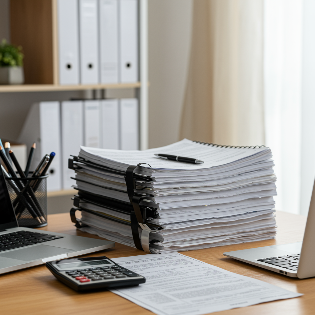 Modern accountant workspace with tax documents, calculator, and laptop in a bright professional office